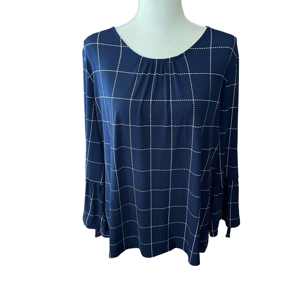 Liz Claiborne Career blue white blouse size XL round neck spandex bell sleeves - Picture 6 of 16